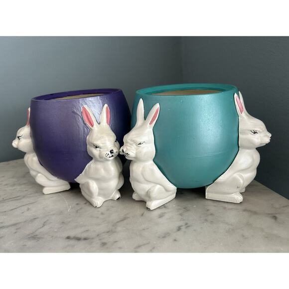 (2) 1960s Ceramic Easter Egg Candy Jar Hand Painted Bunnies Rabbits Purple Teal - Picture 9 of 16